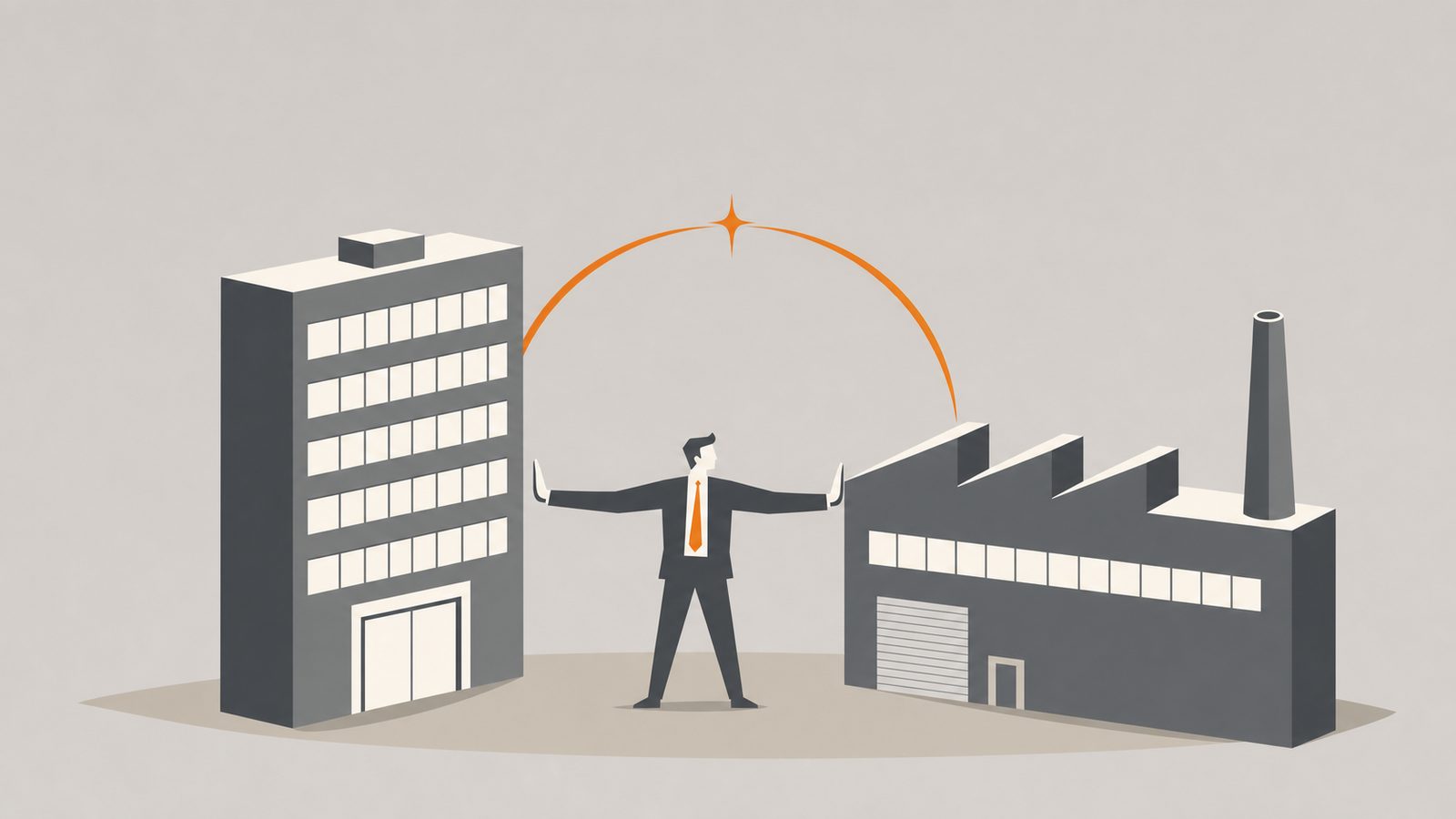 Editorial illustration of a bilingual VP Operations bridging a Mexican plant floor and a US headquarters, in Alder Koten palette.