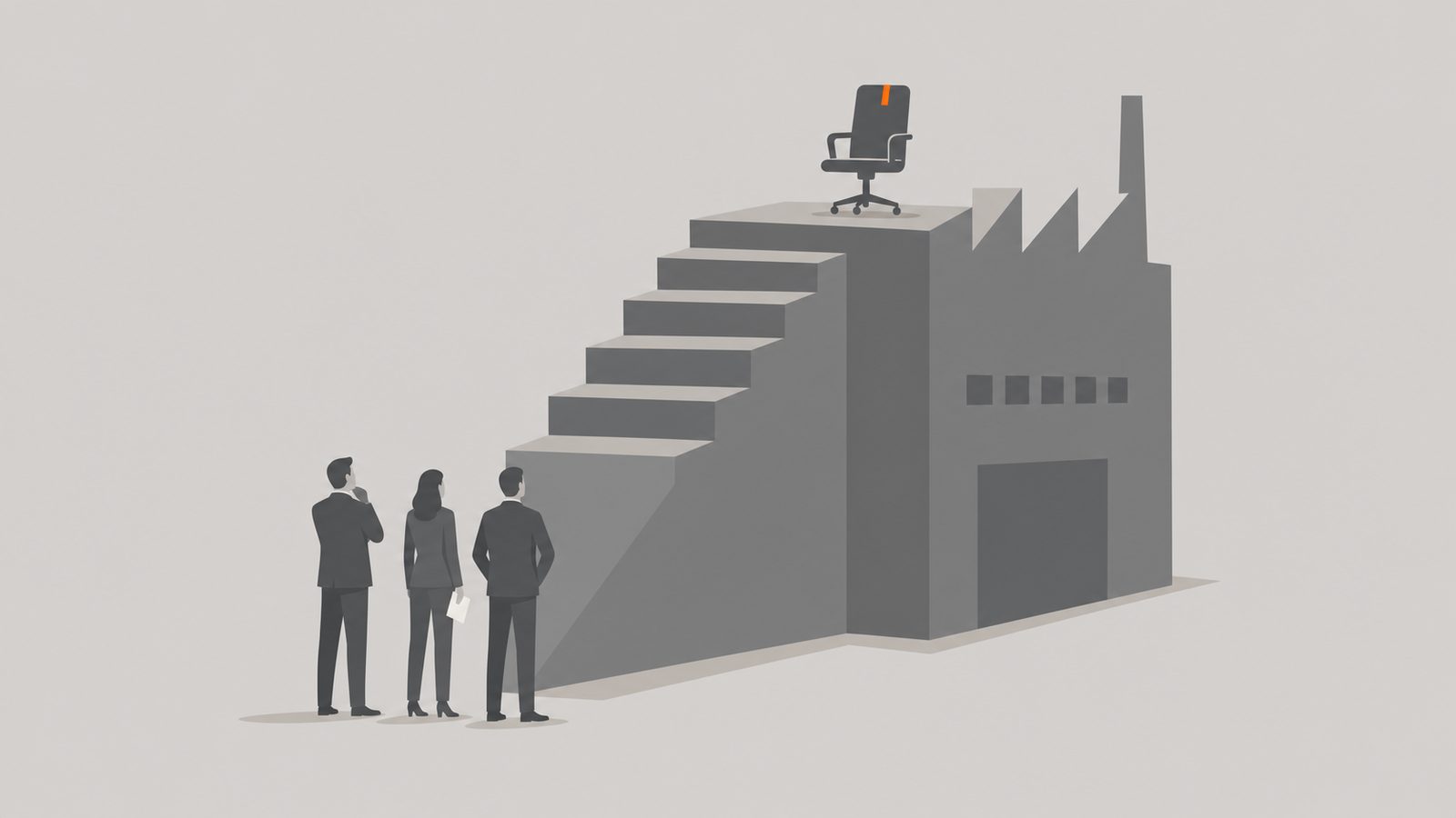 Flat editorial illustration: small graphite figures at the base of an oversized production ramp with a single Alder Koten orange marker at the top, on a cool gray field.
