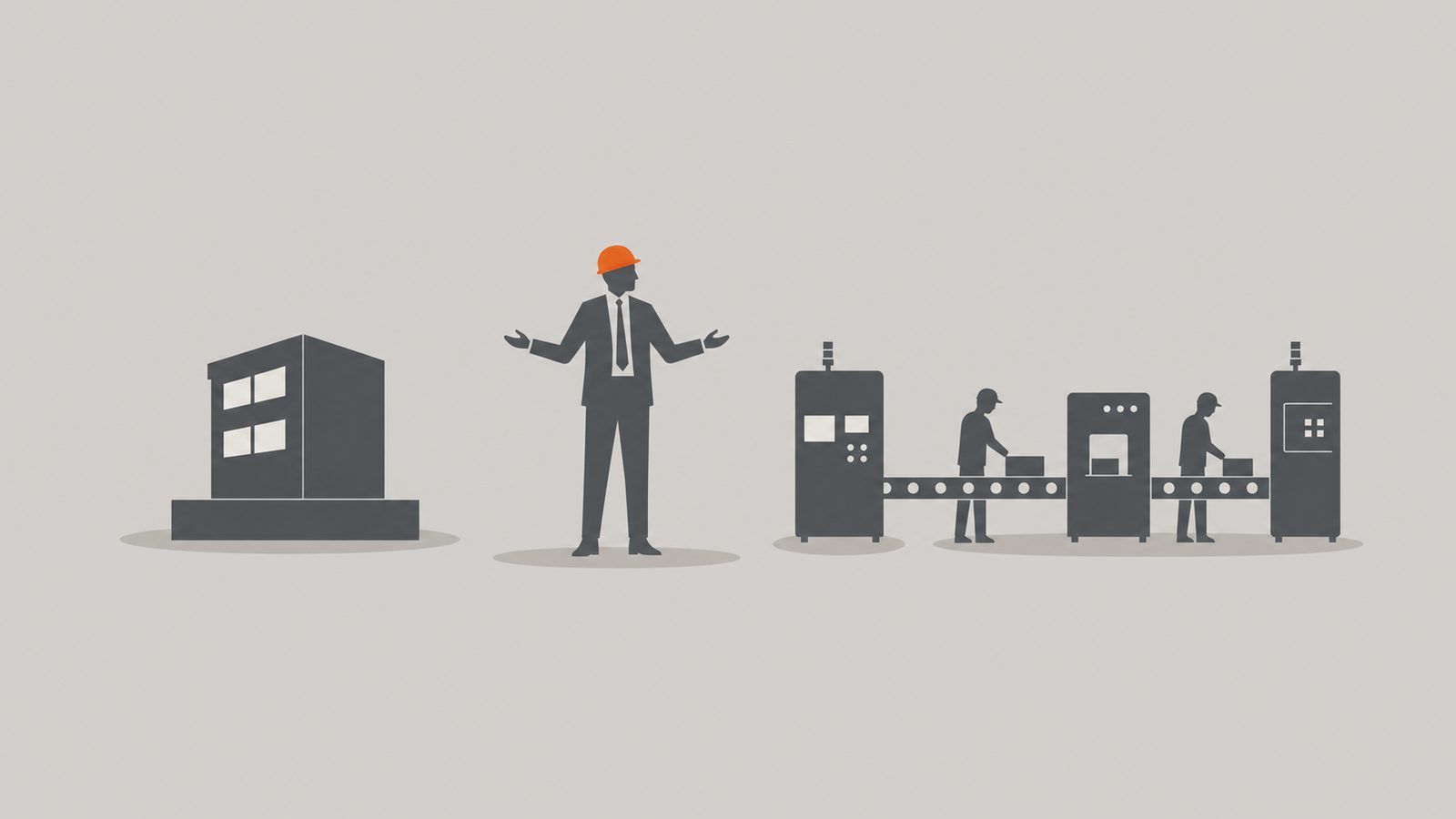 Ilustración editorial de un piso de producción con una silueta central de líder entre una oficina de matriz extranjera y una línea de manufactura mexicana.